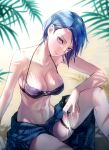  1girl alternate_costume beach bikini black_bikini black_swimsuit breasts cleavage closed_mouth collarbone commentary fire_emblem fire_emblem:_three_houses head_tilt holding holding_knife holding_weapon knife large_breasts leaf lips looking_at_viewer navel pink_lips plant purple_eyes purple_hair sand sarong shadow shamir_nevrand short_hair sitting smile solo swimsuit t_misaomaru weapon 