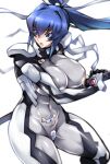  1girl absurdres bangs breasts covered_navel covered_nipples eyebrows_visible_through_hair floating_hair fortified_suit haganef hair_intakes hair_ribbon highres holding holding_sword holding_weapon huge_breasts katana long_hair mitsurugi_meiya muvluv muvluv_alternative muvluv_alternative_(anime) open_mouth pilot_suit ribbon sheath skin_tight solo sword thick_thighs thighs unsheathing weapon white_background white_ribbon 