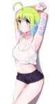  1girl :&lt; absurdres ahoge armpits belly blush breasts green_eyes green_hair highres leaning looking_at_viewer navel neku397 original see-through self_upload shirt shorts singlet sleeveless sleeveless_shirt sweat 