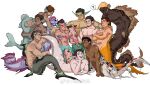  6+boys abs animal animal_ear_request animal_on_back bara beard blonde_hair blush colored_skin completely_nude crossed_arms dark-skinned_male dark_skin dolphin_boy eel_boy eyepatch facial_hair fins full_body goatee head_fins highres holding holding_animal large_pectorals lying male_focus mature_male merman monster_boy multiple_boys muscular muscular_male navel nipples nude on_stomach original pectoral_lift pectorals pig purple_skin short_hair sideburns smile stomach toned toned_male very_dark_skin xiaolumiaoliya 