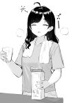  1girl absurdres ahoge bangs blush closed_eyes cowboy_shot facing_viewer glass greyscale highres holding long_hair milk_carton monochrome open_mouth original shiny shiny_hair shirt short_sleeves smile solo takenoko_no_you translation_request 