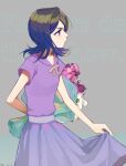  1girl absurdres arm_behind_back bangs black_hair bleach bouquet closed_mouth dated dress flower grey_background highres holding holding_bouquet holding_clothes holding_dress jou_(jo_jjo) kuchiki_rukia looking_to_the_side medium_hair purple_dress purple_eyes solo 
