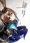  1girl :&gt; amiya_(arknights) animal_ears arknights ascot black_jacket black_legwear blue_ascot blue_eyes brown_hair closed_mouth commentary frilled_ascot frills from_above gesugesu_ahoaho hood hooded_jacket infection_monitor_(arknights) jacket jewelry long_hair looking_at_viewer multiple_rings neck_ring open_clothes open_jacket ponytail rabbit_ears rabbit_girl rhodes_island_logo ring shiny shiny_hair sidelocks sitting smile solo thumb_ring 