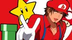 1boy :d belmond_banderas brown_eyes brown_hair choco_(chocovix112) collared_shirt cosplay dress_shirt facial_hair flat_cap gloves hat highres long_sleeves looking_at_viewer male_focus mario mario_(cosplay) mario_(series) nijisanji pipes red_background red_headwear red_shirt shirt smile solo star_(symbol) starman_(mario) stubble super_mushroom thick_eyebrows two-tone_background v v-shaped_eyebrows virtual_youtuber white_background white_gloves 