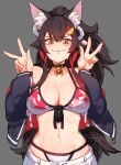  1girl animal_ear_fluff animal_ears bangs bell bikini black_choker black_hair black_jacket blush breasts brown_eyes choker closed_mouth commentary double_v eyebrows_visible_through_hair hair_between_eyes hands_up hololive jacket kollerss large_breasts leaf long_hair long_sleeves looking_at_viewer multicolored_hair navel neck_bell ookami_mio open_clothes open_jacket print_bikini red_hair simple_background solo stomach streaked_hair sweat swimsuit symbol-only_commentary thighhighs v very_long_hair virtual_youtuber white_bikini wolf_ears 