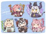  5girls :3 :d ;d ^_^ ahoge animal_ear_fluff animal_ears animal_on_head bird bird_on_head black_gloves blonde_hair blue_background blue_eyes blush_stickers braid check_translation chibi closed_eyes commentary_request coyote_ears coyote_girl coyote_tail crow_(la+_darknesss) eye_mask fang fingerless_gloves gloves grey_hair hakui_koyori head_wings highres hololive holox hood horns kazama_iroha la+_darknesss multiple_girls nose_bubble on_head one_eye_closed pink_hair sakamata_chloe same_anko simple_background smile tail takane_lui translation_request triangle_mouth virtual_youtuber white_hair yellow_eyes zzz 