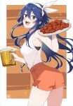  1girl :d alcohol alternate_costume ass beer beer_mug blue_eyes blue_hair border bow chicken_(food) cup fire_emblem fire_emblem_awakening floating_hair food from_side fumafu hair_bow highres holding holding_food holding_plate hooters long_hair looking_at_viewer lucina_(fire_emblem) mug open_mouth orange_shorts plate shorts smile solo straight_hair symbol-shaped_pupils tank_top teeth thighs upper_teeth white_border white_tank_top 