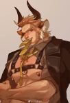  1boy animal_ears arknights bara bare_pectorals beard blonde_hair chest_hair chest_harness collared_shirt cow_boy cow_ears cow_horns cropped eurill_pides_(arknights) facial_hair forked_eyebrows harness highres horns jacket jacket_on_shoulders large_pectorals male_focus mature_male mouth_hold muscular muscular_male necktie necktie_in_mouth nipples o-ring o-ring_top open_clothes open_shirt pectoral_lift pectoral_press pectorals shirt short_hair skindentation smile solo thick_eyebrows third-party_edit upper_body xiaolumiaoliya yellow_necktie 