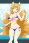  1girl :d alternate_costume animal_ear_fluff animal_ears arm_up bangs bare_shoulders bikini blonde_hair blue_bikini blue_nails blue_swimsuit blush breasts collarbone commentary_request dai_zu_san eyebrows_visible_through_hair eyelashes fangs fingernails fox_ears fox_tail hair_between_eyes highres kitsune knees large_breasts letterboxed looking_at_viewer multiple_tails nail_polish navel open_mouth sharp_fingernails shiny shiny_skin short_hair slit_pupils smile solo standing stomach string_bikini string_pull sweat swimsuit tail thighs tongue touhou yakumo_ran yellow_eyes 
