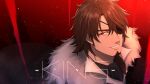  1boy belmond_banderas black_necktie brown_hair choco_(chocovix112) english_text eyepatch facial_hair fur-trimmed_jacket fur_trim hair_over_one_eye highres jacket king_(vocaloid) looking_at_viewer male_focus mature_male necktie nijisanji red_eyes smile solo stubble thick_eyebrows upper_body v-shaped_eyebrows virtual_youtuber 