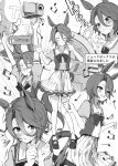  1boy 1girl ^^^ absurdres animal_ears arms_up bangs beamed_eighth_notes blush camcorder closed_eyes commentary_request dancing eighth_note greyscale heartbeat highres horse_ears horse_girl horse_tail jukebox kotonari_seesaa monochrome motion_lines multiple_views musical_note narita_taishin_(umamusume) nose_blush notice_lines open_mouth parted_bangs pleated_skirt puffy_short_sleeves puffy_sleeves recording sailor_collar school_uniform shoes short_hair short_sleeves skirt smile sweat t-head_trainer tail thumbs_up tracen_school_uniform trainer_(umamusume) translation_request umamusume 