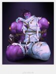  1boy abs absurdres bara bare_pectorals bare_shoulders bulge colored_skin colored_tongue dr._mundo erection erection_under_clothes green_tongue highres kneeling large_pectorals league_of_legends male_focus muscular muscular_male nipples no_pupils pectorals penis penis_peek purple_skin rope shibari short_hair sidepec small_head solo spiked_hair thick_thighs thighs xiaolumiaoliya 