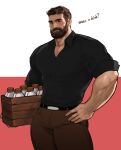  1boy bara beard biceps blush bottle brown_hair facial_hair highres jang_ju_hyeon large_pectorals male_focus milk_bottle original pectorals thighs 