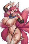  1girl animal_ear_fluff animal_ears breasts bridal_gauntlets cinko curvy elysia_watanabe fox_ears fox_girl fox_tail hair_ornament highres large_breasts looking_at_viewer multiple_tails navel nipples open_mouth original pink_hair red_eyes see-through short_hair simple_background smile solo standing standing_on_one_leg tail thighs white_background 