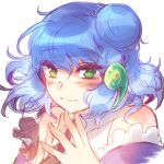  1boy amefuri_(muen_kai) blue_hair blush closed_mouth detached_sleeves eyebrows_visible_through_hair green_eyes hair_bun light_smile looking_at_viewer magatama_hair_ornament male_focus original otoko_no_ko own_hands_clasped own_hands_together side_bun simple_background solo tamabukuro_yutaka upper_body white_background 