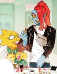  2girls alphys blue_skin colored_sclera colored_skin corogarucoromo cosmetics furry glasses head_fins highres jacket lipstick_tube makeup multiple_girls ponytail red_hair sharp_teeth teeth undertale undyne yellow_sclera yellow_skin 