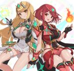 2girls bangs bare_legs bare_shoulders black_gloves blonde_hair breasts chest_jewel cleavage cleavage_cutout clothing_cutout dress earrings elbow_gloves fingerless_gloves gloves gonzarez highres jewelry large_breasts long_hair multiple_girls mythra_(xenoblade) pyra_(xenoblade) red_eyes red_hair red_legwear red_shorts short_dress short_hair short_shorts shorts swept_bangs thigh_strap thighhighs tiara very_long_hair white_dress white_gloves xenoblade_chronicles_(series) xenoblade_chronicles_2 yellow_eyes 