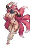  1girl animal_ear_fluff animal_ears breasts bridal_gauntlets cinko curvy elysia_watanabe fox_ears fox_girl fox_tail hair_ornament highres large_breasts looking_at_viewer mask mouth_veil multiple_tails navel nipples open_mouth original pink_hair red_eyes see-through short_hair simple_background smile solo standing standing_on_one_leg tail thighs toes veil white_background 