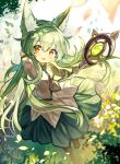  1girl animal_ear_fluff animal_ears bangs black_legwear breasts brown_eyes commentary_request eyebrows_visible_through_hair fuupu green_hair green_skirt hair_between_eyes hand_up holding holding_staff long_hair marchen_forest_~merun-chan_to_mori_no_okurimono~ mylne pantyhose shirt skirt small_breasts solo staff twitter_username very_long_hair white_shirt 
