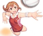  1girl bangs blush braid brown_eyes commentary_request elbow_sleeve from_above hair_between_eyes kneepits light_brown_hair medium_hair open_mouth original orizen outstretched_arm shirt simple_background sleeveless sleeveless_shirt smile solo sportswear twintails volleyball volleyball_uniform white_background 