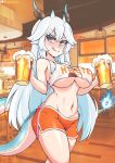  1girl bangs bebatch blue_eyes blue_fire blue_hair blush breasts dragon_horns dragon_tail english_commentary eyebrows_visible_through_hair fire highres hooters horns large_breasts licking_lips looking_at_viewer looking_to_the_side midriff navel orange_shorts short_shorts shorts solo tail tongue tongue_out underboob vei_(vtuber) virtual_youtuber vshojo 