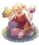  1girl artist_name barboach breasts chimchar closed_eyes commentary crossover dark-skinned_female dark_skin dated drifloon fire grass highres hololive hololive_english jirachi kneeling large_breasts long_hair poke_ball_hair_ornament pokemon pokemon_(creature) pokemon_(game) pokemon_bdsp pokemon_dppt pokemon_platinum punished_pigeon scarf shinx smile tail-tip_fire thighhighs togepi tsukumo_sana twintails virtual_youtuber 