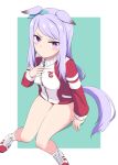  1girl alternate_costume animal_ears bare_legs blush buruma gym_uniform highres horse_ears horse_tail kugui_kiyunemu long_hair looking_at_viewer mejiro_mcqueen_(umamusume) purple_eyes purple_hair shoes simple_background sitting solo tail umamusume 