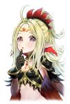  1girl :o absurdres ahoge bangs black_gloves blonde_hair breasts cape feathers fire_emblem fire_emblem_awakening fire_emblem_heroes gloves gradient_hair green_hair highres howaito_gyuunyuu long_hair looking_at_viewer multicolored_hair navel nowi_(fire_emblem) official_alternate_costume parted_bangs pointy_ears ponytail purple_eyes simple_background small_breasts solo tiara upper_body very_long_hair white_background 