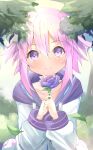  1girl bimmy blush d-pad d-pad_hair_ornament day flower hair_between_eyes hair_ornament hands_up happy highres holding holding_flower hood hood_down hooded_jacket jacket long_sleeves looking_at_viewer medium_hair neptune_(neptune_series) neptune_(series) outdoors own_hands_together purple_eyes purple_flower purple_hair purple_rose rose smile solo 