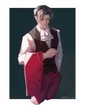  1boy absurdres ace_attorney ascot bangs coat hand_in_pocket highres holding holding_clothes holding_coat long_sleeves male_focus miles_edgeworth parted_bangs shading solo vest wt2575 