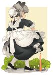  1girl akai_sashimi animal_ears apron bangs black_dress black_footwear blunt_bangs bun_cover cat_ears cat_girl cat_tail dress eyebrows_visible_through_hair full_body grey_hair highres hole leaf long_sleeves maid mary_janes original petticoat plant profile shadow shoes signature skirt_hold socks solo standing tail white_apron white_legwear yellow_background 