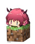  1girl absurdres all_fours artist_name block blue_eyes blush_stickers chibi grass hands_on_floor heterochromia highres hololive hololive_english horns irys_(hololive) long_hair looking_down minecraft namii_(namialus_m) pointy_ears purple_eyes purple_hair simple_background solo virtual_youtuber white_background |_| 