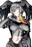  1girl absurdres akegata_tobari arm_at_side arm_up bangs belt bird_wings black_gloves black_hair blonde_hair breasts closed_mouth commentary covered_nipples eyebrows_visible_through_hair feathered_wings fingerless_gloves gloves green_eyes grey_background grey_hair grey_necktie grey_neckwear grey_shirt grey_shorts hair_between_eyes head_wings highres holding_necktie kemono_friends large_breasts layered_sleeves lips long_hair long_sleeves looking_at_viewer midriff multicolored_hair navel necktie open_belt open_clothes open_fly open_shirt open_shorts orange_hair shirt shoebill_(kemono_friends) short_over_long_sleeves short_sleeves shorts side_ponytail simple_background skin_tight solo staring stomach toned undershirt undone_necktie undressing upper_body wide-eyed wings 