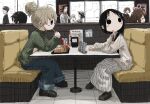  2boys 6+girls :o black_hair blonde_hair booth_seating character_request chito_(shoujo_shuumatsu_ryokou) commentary copyright_request crossover cup disposable_cup drinking_straw eating elbows_on_table fast_food food french_fries from_side hair_bobbles hair_bun hair_ornament hat highres hirasawa_yui indoors k-on! leoleonardk10 long_skirt long_sleeves looking_at_another looking_away multiple_boys multiple_crossover multiple_girls no_nose okabe_rintarou pants pants_rolled_up profile restaurant ribbed_sweater shiina_mayuri shimeji_simulation shoujo_shuumatsu_ryokou sitting sketch skirt solid_circle_eyes steins;gate sweater table tsukushima_shijima turtleneck turtleneck_sweater yuuri_(shoujo_shuumatsu_ryokou) 