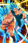 2boys blue_eyes blue_hair boots clenched_teeth dragon_ball dragon_ball_super dragon_ball_super_broly galick_gun gloves highres incoming_attack kamehameha male_focus multiple_boys muscular muscular_male open_mouth ptmcmx453tma son_goku spiked_hair super_saiyan super_saiyan_blue teeth torn_clothes vegeta white_gloves 