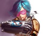  1girl armor artist_name bangs blood blood_on_face blue_hair goggles hand_up league_of_legends looking_at_viewer mechanical_arms neon_strike_vi pink_background pink_goggles shiny shiny_hair short_hair single_mechanical_arm solo star_(symbol) swept_bangs upper_body vi_(league_of_legends) web_address white_background woaidnfhehe 