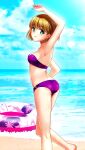  1girl arm_up armpits ass bangs barefoot beach bikini blue_sky breasts brown_hair cleavage closed_mouth doukyuusei_another_world eyebrows_visible_through_hair from_side green_eyes innertube kakyuusei_2 looking_at_viewer looking_back medium_breasts medium_hair ocean official_art outdoors purple_bikini sawamura_kazuki shiny shiny_hair sideboob sky smile solo standing strapless strapless_bikini summer swimsuit 