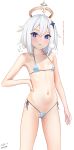  1girl :d ahoge ass_visible_through_thighs bangs bare_arms bare_legs bare_shoulders bikini blue_bikini blue_eyes blush breasts collarbone commentary covered_nipples dated genshin_impact hair_between_eyes hair_ornament hairclip halo hand_on_hip heavy_breathing highres kanzaki_muyu looking_at_viewer micro_bikini navel paimon_(genshin_impact) parted_lips short_hair side-tie_bikini silver_hair simple_background skindentation small_breasts smile solo standing star_(symbol) star_hair_ornament steam string_bikini sweat swimsuit translation_request white_background white_hair 
