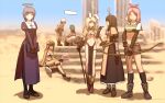  6+girls :3 animal_ears arrow_(projectile) belt black_gloves black_hair black_legwear blonde_hair blurry blurry_background book boots bow_(weapon) breasts brown_hair capelet commentary cross cross_necklace day desert dress elbow_gloves fake_halo fingerless_gloves flower flower_on_head gauntlets gloves goggles goggles_on_head green_hair grey_eyes hairband halo hat highres holding holding_book holding_bow_(weapon) holding_staff holding_weapon hunter_(ragnarok_online) index_finger_raised jewelry juliet_sleeves kneehighs light_purple_eyes long_hair long_sleeves looking_at_another looking_at_viewer mage_(ragnarok_online) medium_breasts medium_hair merchant_(ragnarok_online) midriff multiple_girls navel necklace novice_(ragnarok_online) outdoors pantyhose pelvic_curtain pink_eyes pink_hair poring priest_(ragnarok_online) puffy_sleeves purple_dress rabbit_ears ragnarok_online red_hairband ruins rustle sheath sheathed shoes short_hair short_sleeves side_slit slime_(creature) smile staff stomach sword swordsman_(ragnarok_online) thief_(ragnarok_online) v_arms weapon 