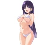  1girl :d absurdres bangs bikini blunt_bangs breasts eyebrows_visible_through_hair hands_on_own_chest highres large_breasts long_hair marui_koishi navel original purple_eyes purple_hair simple_background smile solo standing swimsuit teeth thighs upper_teeth white_background white_bikini 