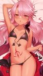  1girl arm_up bikini breasts chloe_von_einzbern dark-skinned_female dark_skin demon_tail fate/kaleid_liner_prisma_illya fate_(series) front-tie_top highres long_hair looking_at_viewer lying m-da_s-tarou navel on_back on_bed open_mouth pink_hair shiny shiny_skin side-tie_bikini small_breasts solo stomach stomach_tattoo swimsuit tail tattoo 