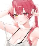 1girl arms_up bangs bare_shoulders black_bra blush botte bra breasts cleavage eyebrows_visible_through_hair heterochromia highres hololive houshou_marine large_breasts long_hair looking_at_viewer loose_clothes loose_shirt red_eyes red_hair shirt smile solo spaghetti_strap twintails underwear virtual_youtuber yellow_eyes 