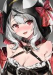  1girl armpit_crease bangs bare_shoulders black_dress blush bow breasts cleavage collar dress fang frills haoni highres hololive hood hood_up large_breasts looking_at_viewer open_mouth orca_hood red_bow red_eyes sakamata_chloe short_hair smile solo virtual_youtuber white_hair 