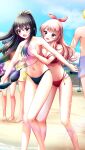  2girls :d bare_legs bikini black_bikini black_hair blush bow breast_grab breasts collarbone doukyuusei_another_world floating_hair grabbing grabbing_from_behind groin hair_bow hair_ribbon hairband high_ponytail kishimoto_sae large_breasts lens_flare long_hair looking_down mole mole_under_eye multi-strapped_bikini multiple_girls navel o-ring o-ring_bikini official_art open_mouth pink_hairband red_bikini red_bow ribbon shiny shiny_hair smile swimsuit topless very_long_hair wardrobe_malfunction yellow_eyes yellow_ribbon yuri 