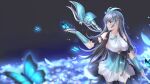  1girl bare_shoulders blue_butterfly blue_theme bug butterfly butterfly_on_hand commentary fingerless_gloves gloves grey_hair hand_up highres long_hair looking_to_the_side magia_record:_mahou_shoujo_madoka_magica_gaiden magical_girl mahou_shoujo_madoka_magica muwa12 parted_lips purple_eyes shizumi_konoha solo staff 