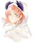  11 1boy arknights bangs blue_eyes commentary_request head_wings highres hood hooded_jacket jacket looking_at_viewer male_focus orange_hair passenger_(arknights) short_hair simple_background upper_body white_background white_jacket 