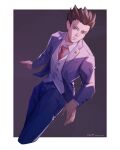  1boy absurdres ace_attorney black_hair formal hand_up highres long_sleeves male_focus necktie phoenix_wright shading short_hair solo spiked_hair suit vest wt2575 