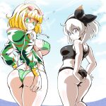  2girls arms_(game) ass bea_(pokemon) beach bikini black_bikini blonde_hair breasts commission covered_nipples eyebrows_visible_through_hair eyewear_on_head from_behind green_bikini green_eyes green_hoodie grey_eyes grey_hair grin highres hood hoodie large_breasts lewdamone long_sleeves looking_at_viewer min_min_(arms) multiple_girls parted_lips pokemon pokemon_(game) pokemon_swsh short_hair sketch smile sunglasses swimsuit teeth underboob 