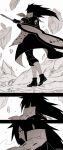  1boy armor bandages cracked_skin debris floating_hair gloves gunbai highres leg_wrap long_hair looking_at_viewer looking_back naruto naruto_(series) naruto_shippuuden pants parted_lips rinnegan skyleranderton smile solo standing toeless_footwear tomoe_(symbol) uchiha_madara uchiha_symbol walking war_fan weapon 