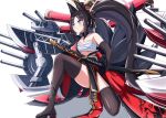  1girl animal_ear_fluff artillery asymmetrical_clothes azur_lane bandages black_choker black_footwear black_gloves black_legwear black_tail blue_eyes breasts brown_hair chest_sarashi choker degawa1121 dress elbow_gloves eyebrows_visible_through_hair full_body gloves highres holding holding_sword holding_weapon japanese_clothes kii_(azur_lane) kitsune kyuubi large_tail long_hair medium_breasts multiple_tails pelvic_curtain ponytail red_dress rigging sarashi sheath sheathed simple_background single_bare_shoulder solo sword tail thighhighs turret very_long_hair weapon white_background 
